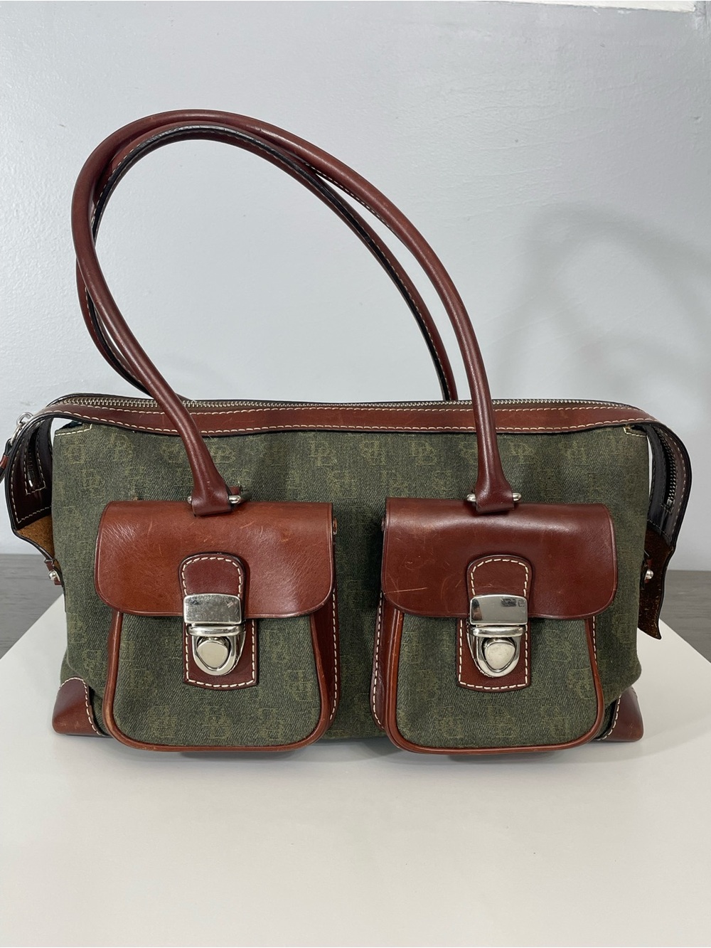 VTG Dooney & Bourke Handbag Canvas & Leather Hunter Green w/Dark Leather Accents